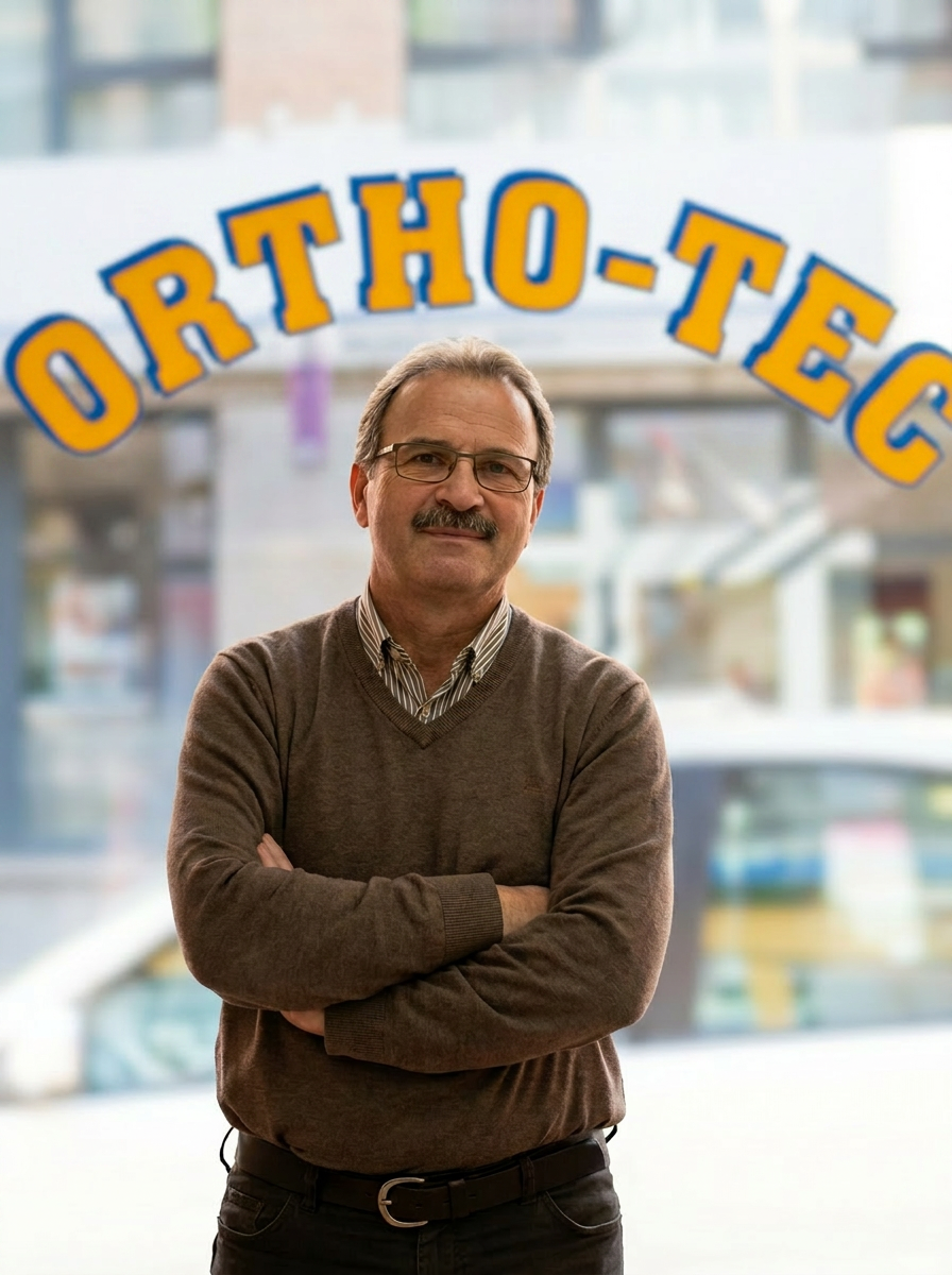 Le fondateur d'Ortho-Tec devant sa boutique à Genève